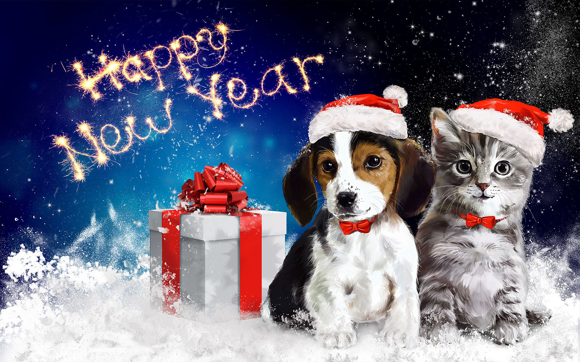Chiot heureux et chaton dans la nouvelle année. Fonds d'écran les plus
